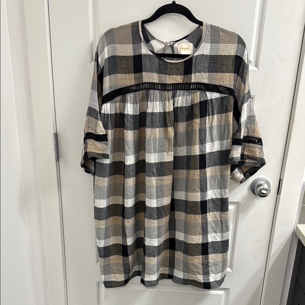 Maeve Anthropologie Relaxed Plaid Tunic Dress - Beige & Black